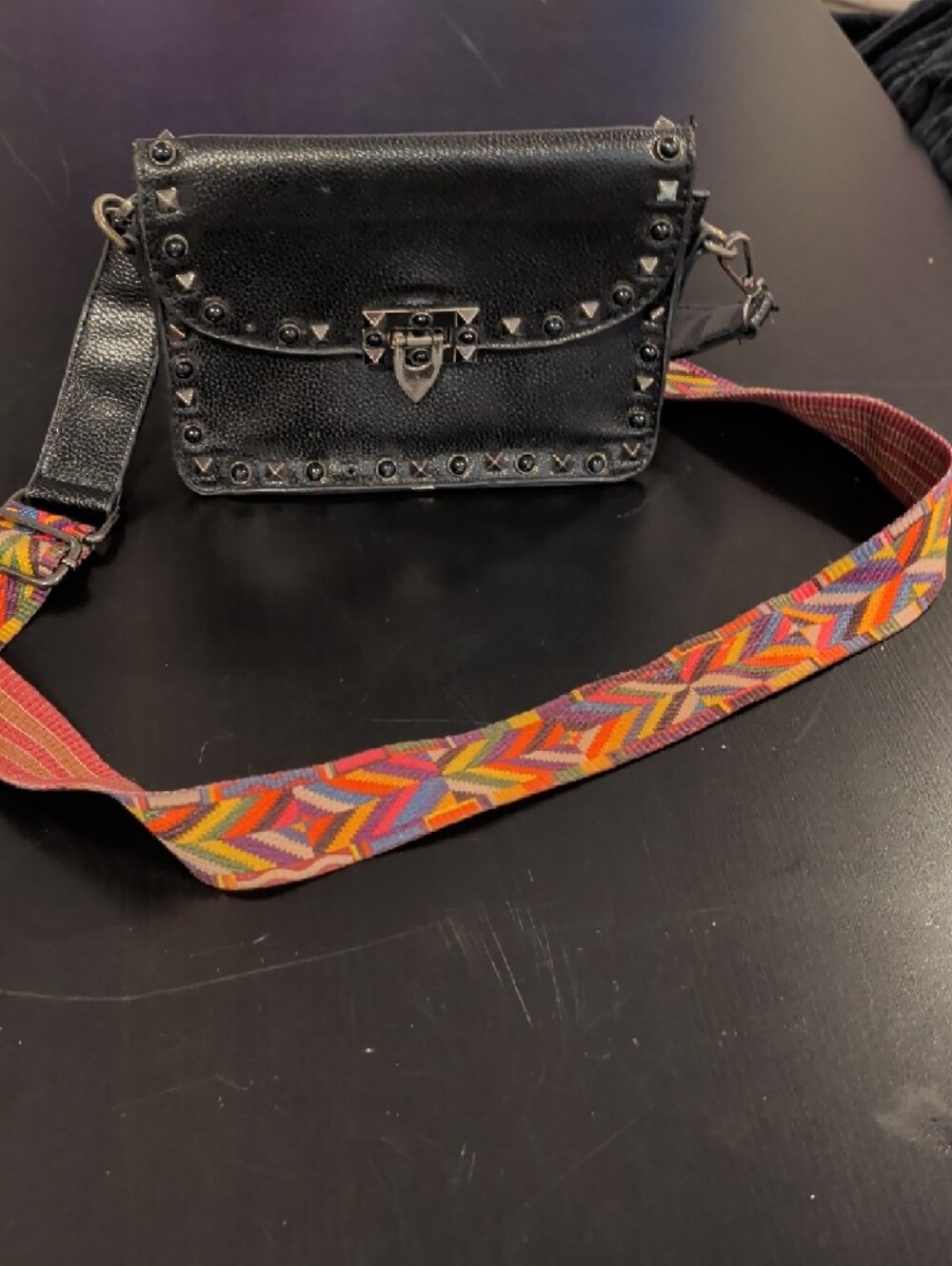 Studded Black Leather Crossbody Bag with Colorful Strap - Picture 3 of 3